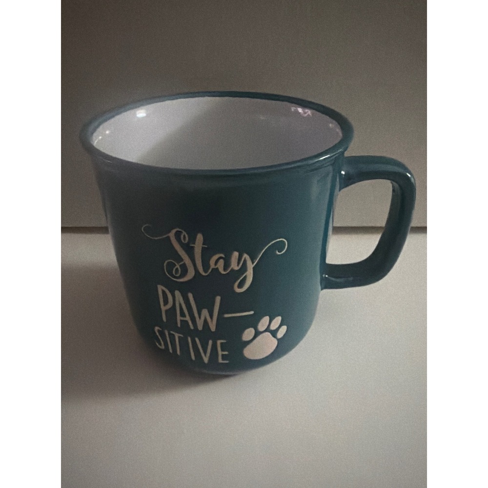 Stay Paw-Sitive‎ Teal Blue Ceramic Coffee Mug Paw Print Animal Lover Pun Gift